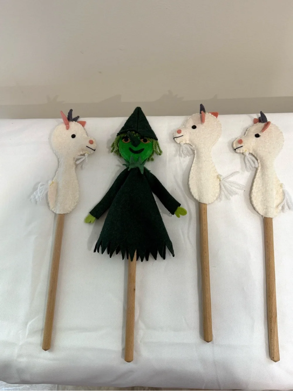 Wooden Spoon Felt Puppets Green Witch 3 Goats for Kids